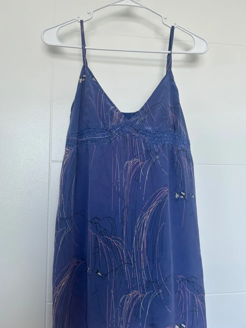 Silk Spaghetti Strap Slip Dress/Top with Abstract Bird Print XS